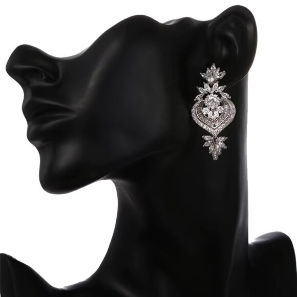 Jewelry - Platinum Plated Flower Pendant Drop Earrings With Shining CZ